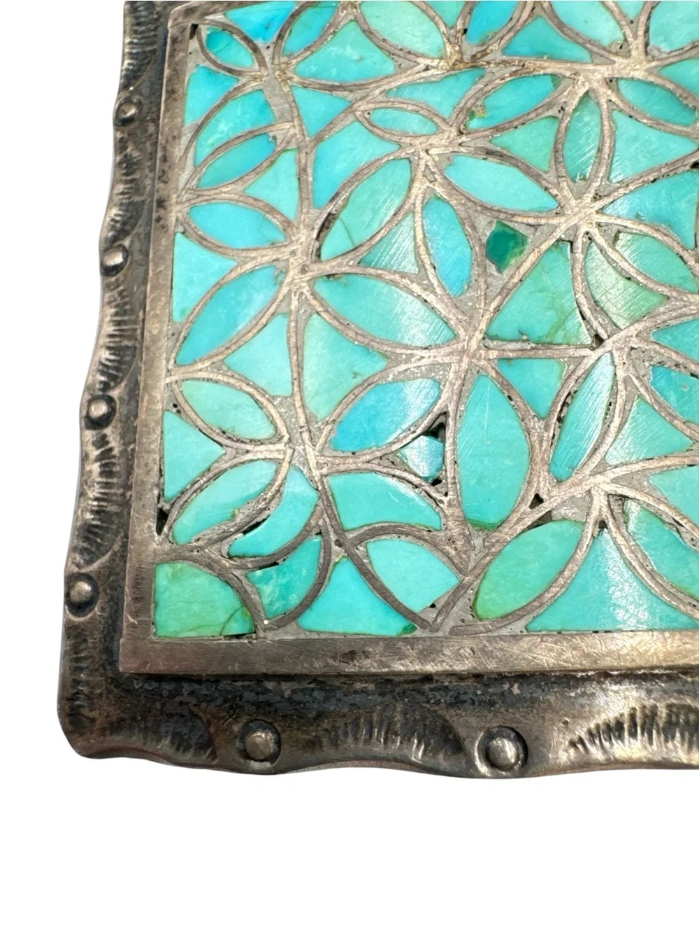 Vintage Sterling Joe & Lola Hechilay Zuni Fish Scale Turquoise Belt Buckle 3” Identifying makers of signed Zuni Sterling Silver Fishscale  main image 3